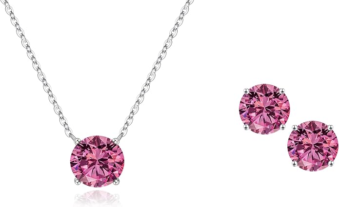 Ursilver Round Birthstone Necklace and Birthstone Earrings for Women sets - S925 Sterling Silver 12 Months Birthstone Necklace for Women Girls Jewelry Birthday Gifts