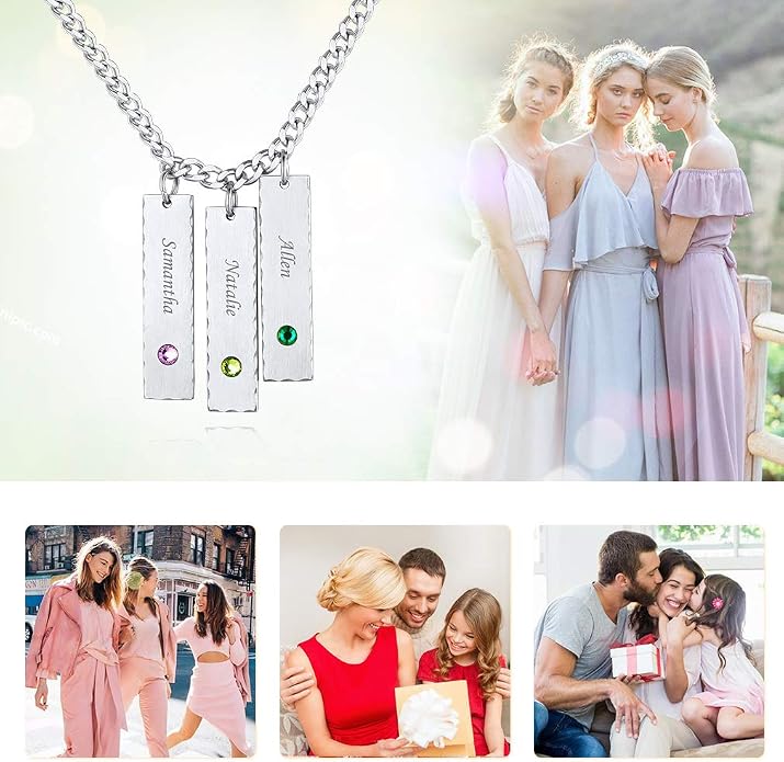 Custom4U Personalized Birthstone Bar Necklaces for Women, Custom Handmade Silver/Black/Gold Vertical Bar Pendants with 1-3 Names Engraved,Unique Memorial Necklace for Her