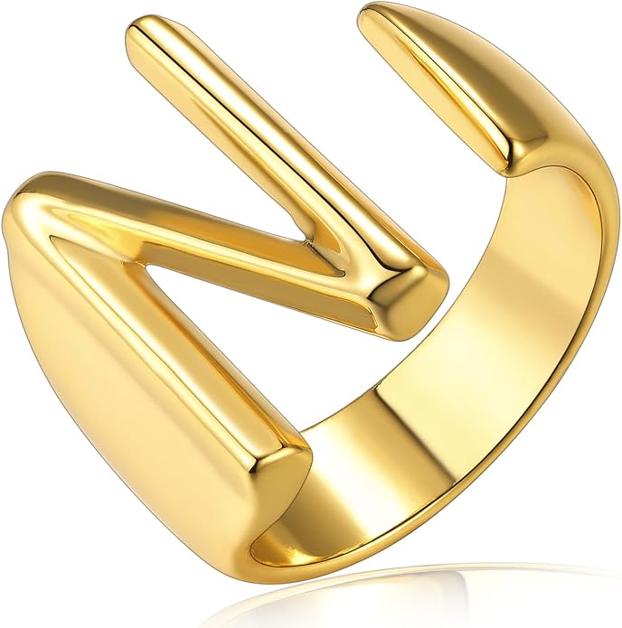 KeyStyle Bold Initial Letter Rings Adjustable, GoldChic Jewelry Women Gold Statement Ring Personalized Engraved Women’s Open Signet Ring for Party (Gold, White Gold, Black)