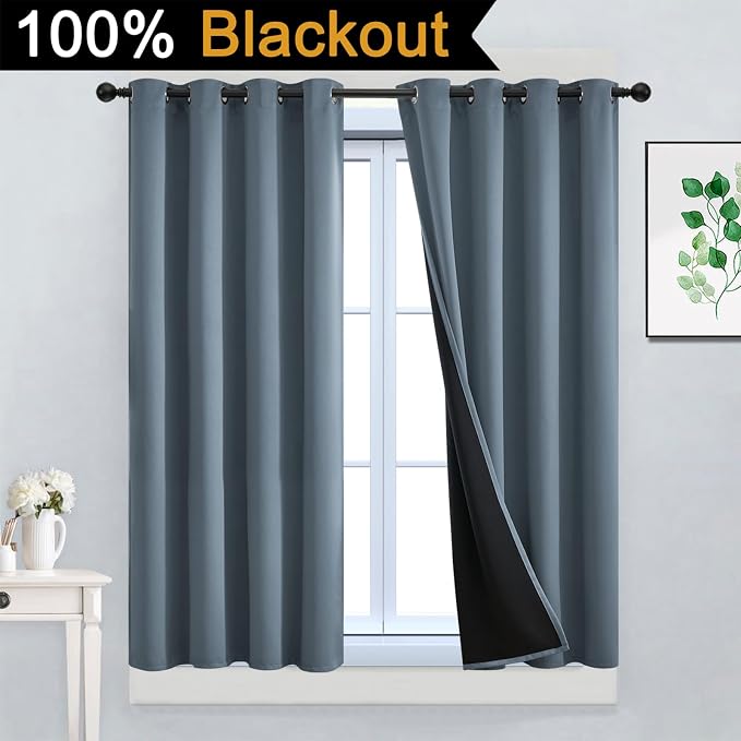 Yakamok Stone Blue 100% Blackout Curtains 45 Inches Long 52" Wide 2 Panel | Blackout Curtain Panels for Bedroom, 2 Thick Layers Grommet Top Thermal Insulated Drapes with Black Liner for Living Room