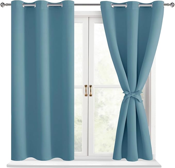 Hiasan Blackout Curtains for Bedroom - Thermal Insulated & Energy Saving Window Curtains for Living Room, 2 Drape Panels Sewn with Tiebacks, Stone Blue, 42 x 54 Inch