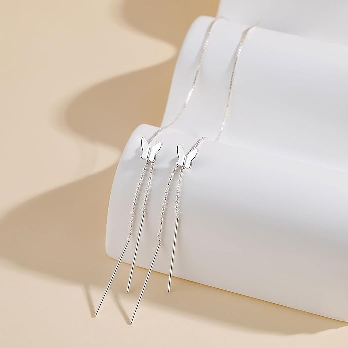 925 Sterling Silver Tassel Chain Dangle Earrings for Women Sparkling Long Fringe Dangle Drop Earrings Bling Line Minimalist Wedding Studs Earring Jewelry Birthday Christmas Gifts for Her