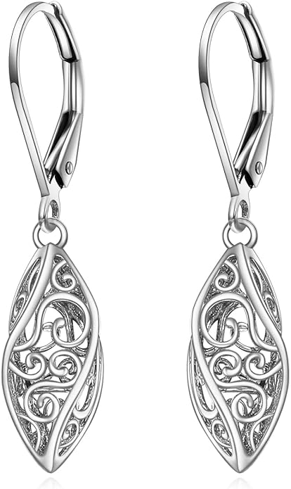925 Sterling Silver Leverback Earrings Vintage Filigree Dangle Drop Earrings Jewelry Birthday Gifts for Women