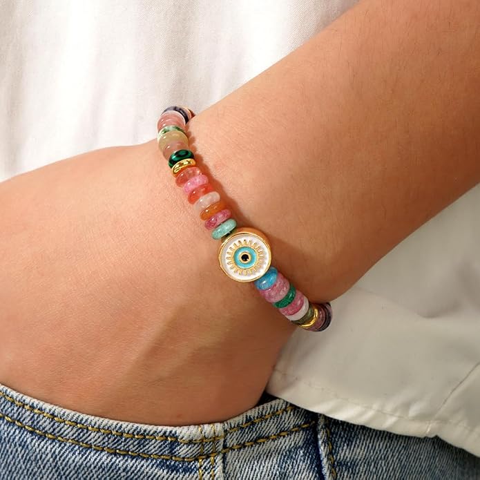 Evil Eye Bracelets For Women, Boho Colorful Gemstone Beaded Enamel Bracelet Charm Natural Stone Summer Beach Lucky Jewelry Gift