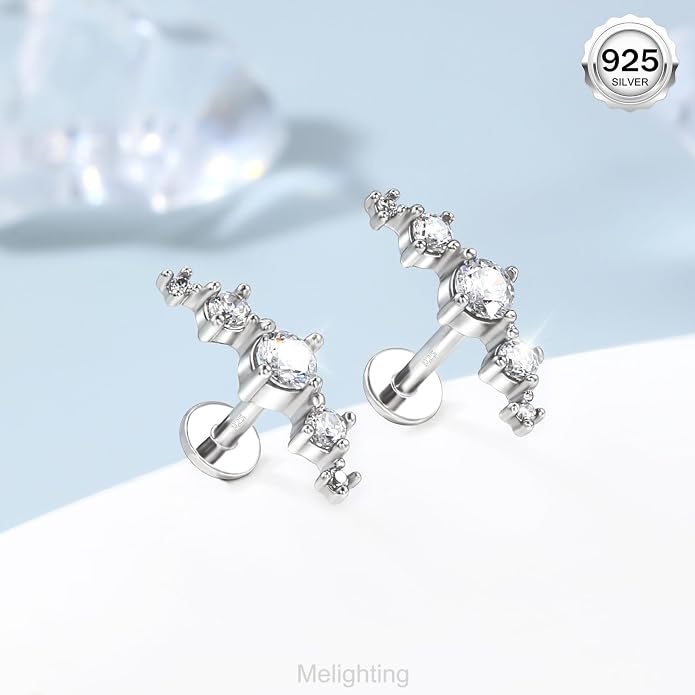 Melighting 16G Curved Helix Earring, Sterling Silver 925 Tragus Conch Stud Internally Threaded, Clear Marquise Round CZ Flat Back Lobe Labret Cartilage Piercing Jewelry for Women 6/8 mm