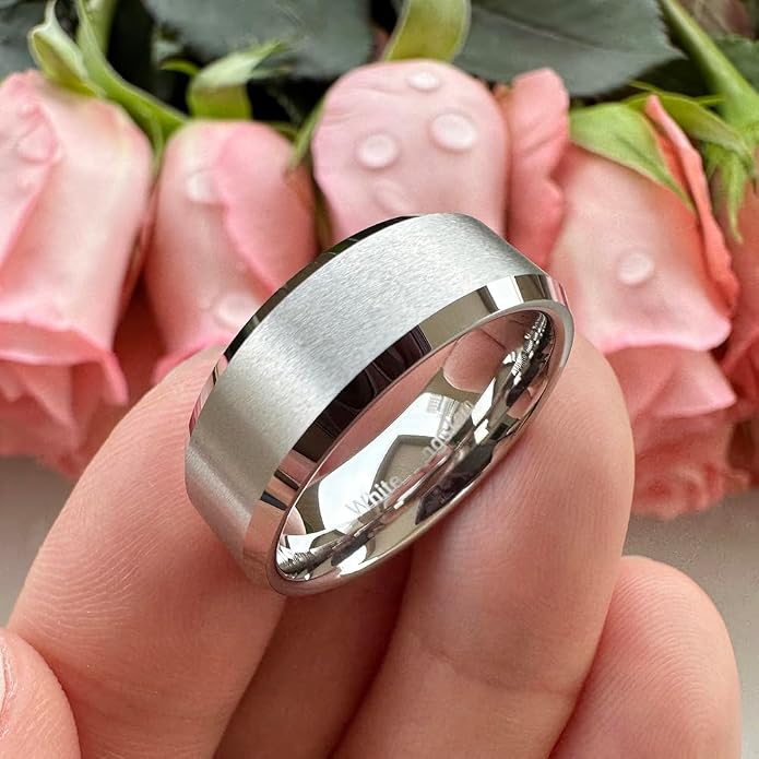 TUTISS 6mm 8mm White Tungsten Rings for Men Women Couple Fashion Jewelry Engagement Wedding Bands Matte Finish Beveled Edges Comfort Fit