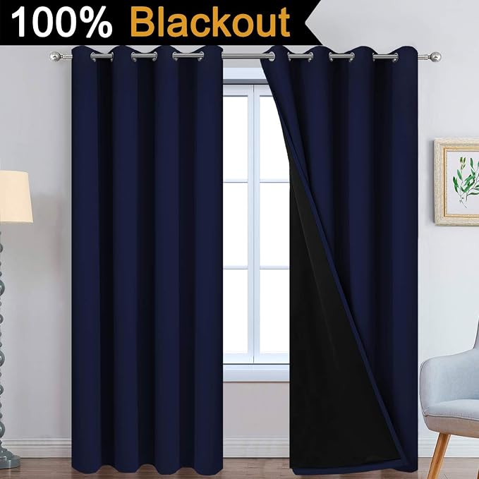 Yakamok Navy Blue 100% Blackout Curtains 84 Inches Long 52" Wide, 2 Panels | Blackout Curtain Panels for Bedroom, 2 Thick Layers Grommet Top Thermal Insulated Drapes with Black Liner for Living Room