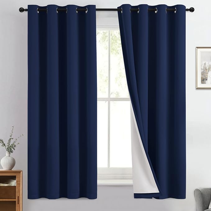 Yakamok Navy Blue 100% Blackout Curtains 63 Inches Long 50" Wide, 2 Panels | Blackout Curtain Panels for Bedroom, 2 Thick Layers Grommet Top Thermal Insulated Drapes with White Back for Living Room