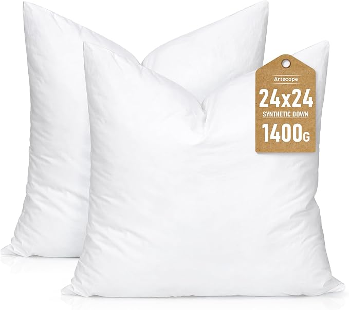 Artscope Synthetic Down Pillow Insert, 24x24 Throw Pillow Inserts Set of 2 | Down Alternative Ultra Soft Fluffy Sleeping Pillow, 100% Cotton Cover, Decorative Pillows-White