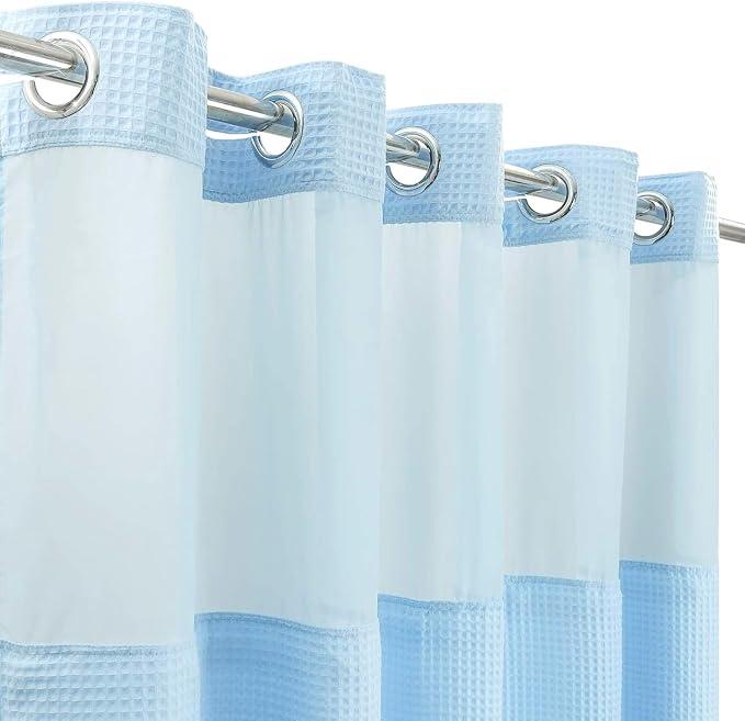 River Dream Cotton Blend Shower Curtain Set with Liner, Sky Blue, 71x74 | Waffle Weave, No Hook Needed, with Snap in Replacement Liner, Top Sheer Window, Hotel Quality Fabric for Bathroom