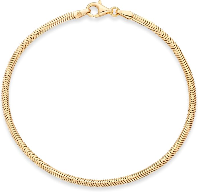 Miabella Italian Solid 925 Sterling Silver, 18K Yellow Gold Plated 2mm Domed Herringbone Snake Chain Link Bracelet for Women Men, Made in Italy