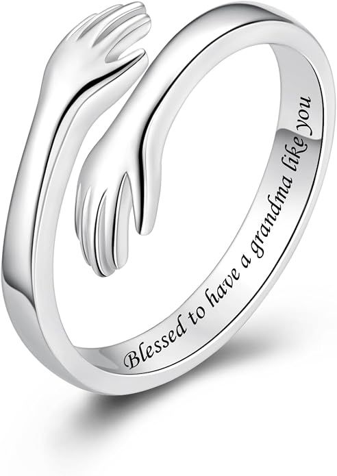 S925 Sterling Silver Hug Rings for Women Teen Girls Adjustable Ring for Granddaughter Daughter Hope Promise Friendship Hand Ring Jewelry for Birthday Graduation Christmas Mothers Day Valentines Gifts