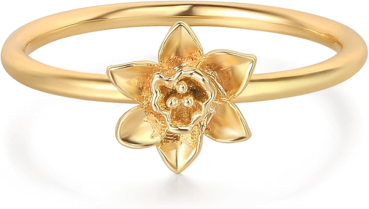 Birth Flower Ring for Women 14K Gold Plated Floral Minimalist Stackable Finger Jewelry Birthday Gifts