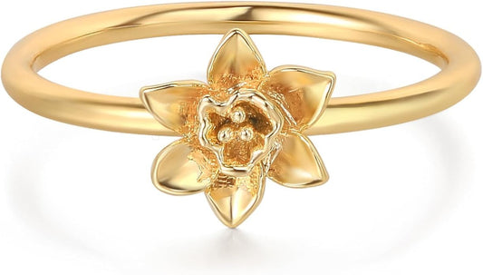 Birth Flower Ring for Women 14K Gold Plated Floral Minimalist Stackable Finger Jewelry Birthday Gifts