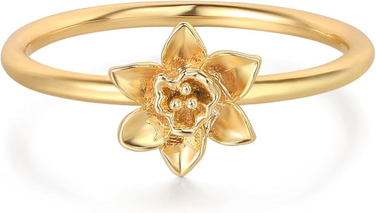 Birth Flower Ring for Women 14K Gold Plated Floral Minimalist Stackable Finger Jewelry Birthday Gifts