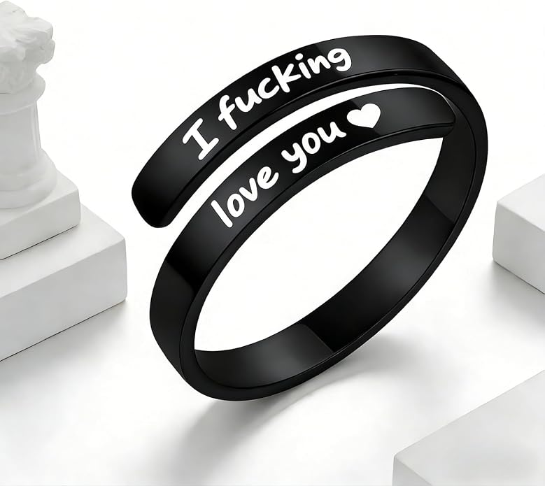 I Fcking Love You Ring, Stainless Steel Engraved Inspirational Words Heart Open Adults Women Vintage Promise Rings Lover Wife Jewelry