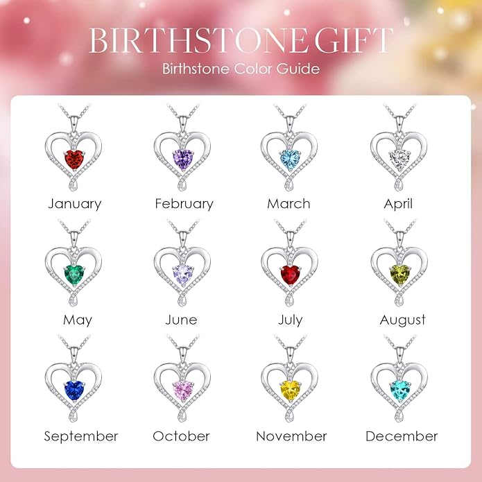 Birthstone Necklace for Women, 18K White Gold Heart Necklace Filled 925 Sterling Silver, Diamond Womens Jewelry Christmas Gifts for Women Wife