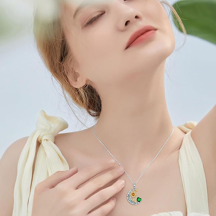 AOBOCO 925 Sterling Silver Sun and Moon Star Pendant Necklace with Simulated Birthstone, Birthday Christmas Jewelry Gift for Women Teen Girls