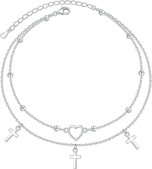 Alphm Anklet for Women S925 Sterling Silver Adjustable Foot Evil Eye Starfish Heart Bead Butterfly Celtic Knot Cross Multilayer Layered Ankle Bracelet Jewelry