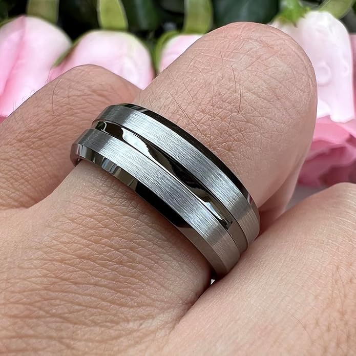 TUTISS 6mm 8mm Silver/Black/Blue/Gunmetal/Gold/Rose Gold Tungsten Rings for Men Women Fashion Engagement Wedding Bands Matte Finish Beveled Edges Comfort Fit