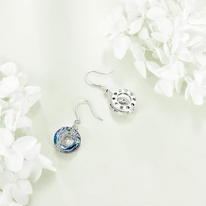 POPLYKE Tree of Life Birthstone Earrings 925 Sterling Silver Dainty Gemstone Birthstone Dangle Drop Earring with Crystal Fine Jewelry Birthday Gifts for Women Her