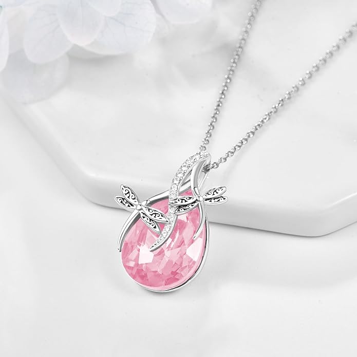 PRAYMOS S925 Sterling Silver Birthstone Necklaces for Women Dainty CZ Necklace Dragonfly Pendant Minimalist Jewelry Gift