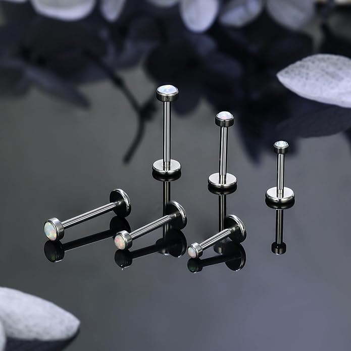 Ruifan Titanium Flat Back Lip Rings Externally Threaded Earrings Studs Nose Rings 20G 18G 16G Jeweled Round Opal Tragus Cartilage Lobe Rook Helix Conch Labret Medusa Piercing Jewelry for Women Men