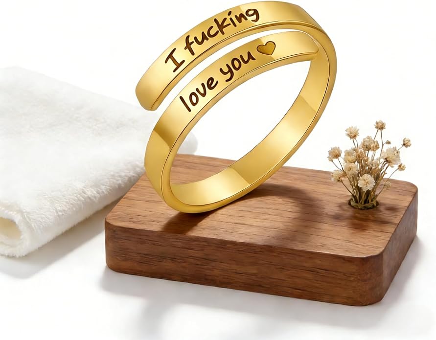 I Fcking Love You Ring, Stainless Steel Engraved Inspirational Words Heart Open Adults Women Vintage Promise Rings Lover Wife Jewelry