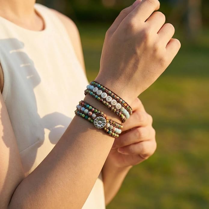 YGLINE Boho Handmade Natural Stone Bead 3 Row Wide Wrap Wrist Statment Bracelet Jewelry Collection