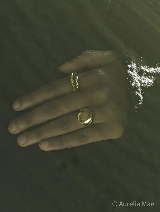18K Gold Plated Women's Starburst Signet Ring - Minimalist Mother of Pearl Statement Piece