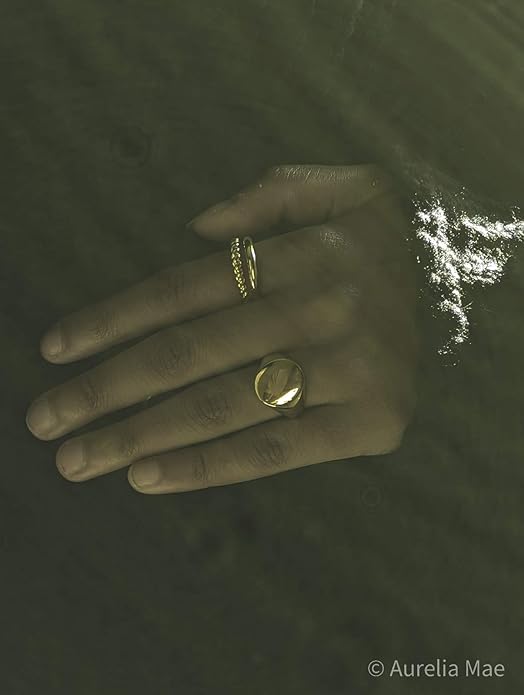 18K Gold Plated Women's Starburst Signet Ring - Minimalist Mother of Pearl Statement Piece