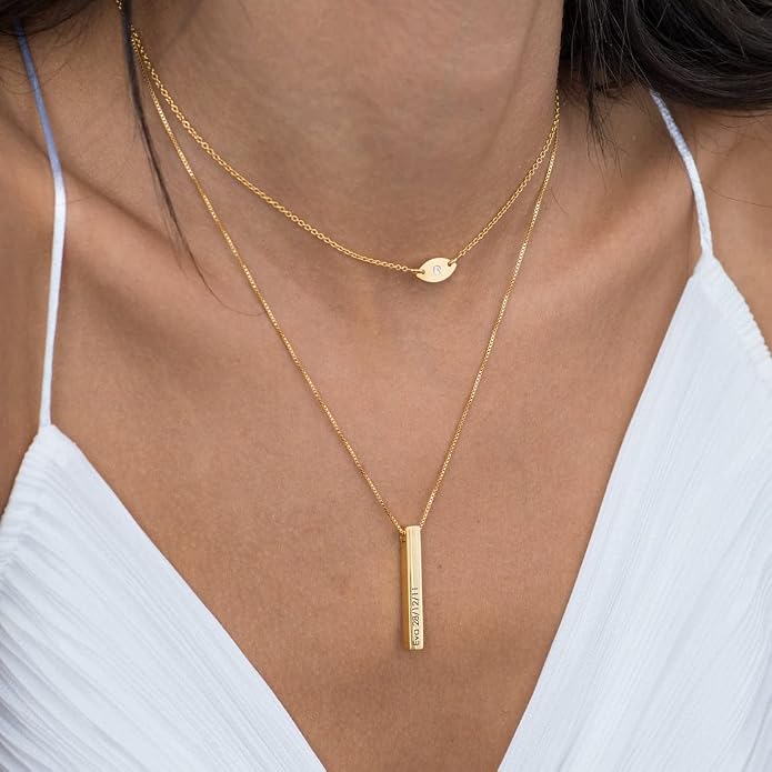 MeMoShe Custom Name Necklace Personalized 3D Engraved Bar 18K Gold Plated Customized Name Jewelry with Adjustable Chain Charm Birthday Gifts for Women Men