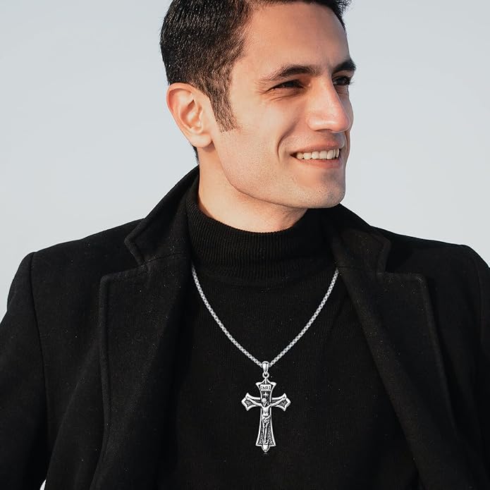 KXJ S925 Sterling Silver Black Cross/Best Dad/Baseball Bat/Silver Cross/Ankh Cross/Crucifix with 22+2 Inches Stainless Steel Rolo Chain Cross Necklace for Men Women Christian Religious Jewelry Gifts