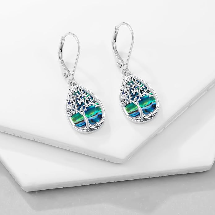 Odinstone 925 Sterling Silver Earrings Tree of Life Teardrop Moonstone Dangle Drop Leverback Earrings for Women