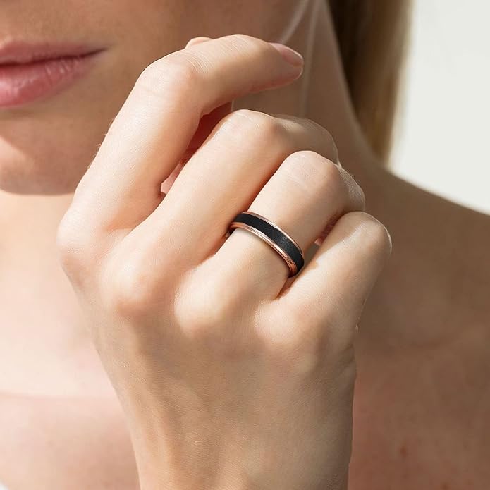 TRUMIUM 6mm 8mm Tungsten Rings for Men Women Black Wedding Band 24K Gold Plated/Rose Gold Plated Step Edges Comfort Fit Size 6-13