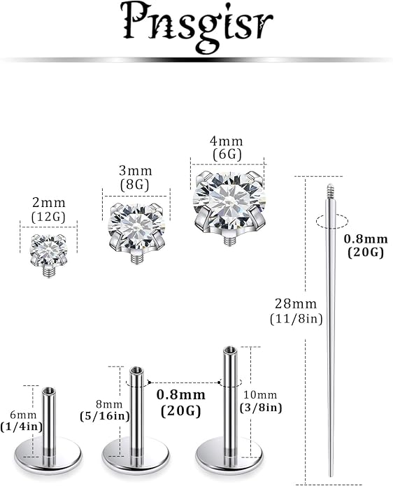 F136 Titanium 20/18/16G Internally Threaded Flat Back Stud Earrings Nose Rings Lip Medusa Monroe Labret 6/8/10mm Short/Long Bar Piercing Jewelry with Taper for Women Men