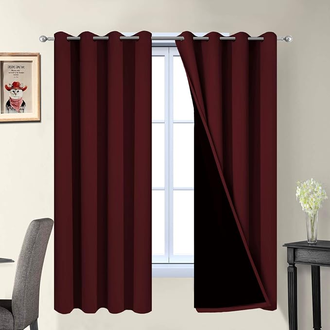 Yakamok Burgundy Red Blackout Curtains 63 Inches Long for Bedroom 52" Wide | Blackout Curtain Panels for Bedroom, 2 Thick Layers Grommet Top Thermal Insulated Drapes with Black Liner for Living Room