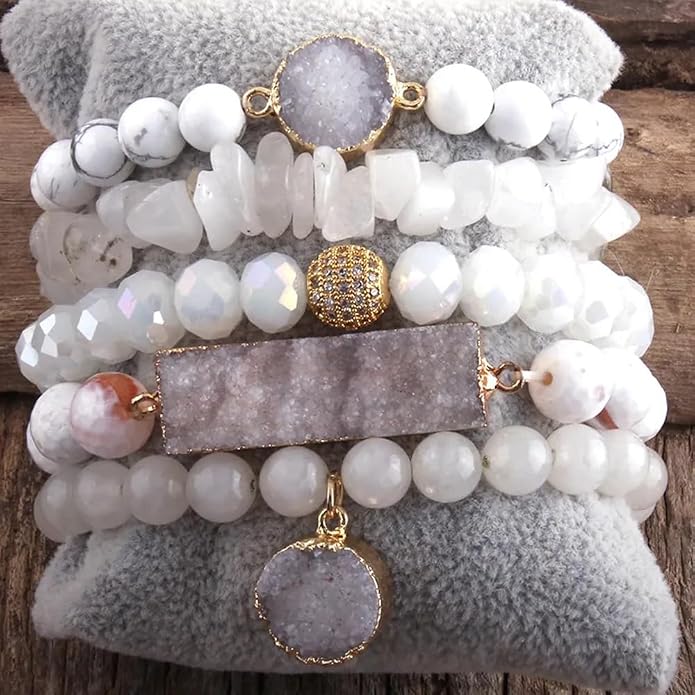 Yomisa 5PCS 6PCS Natural Boho Beaded Bracelets/Bangle for Women Men,Healing Turquoise Jasper Agate Crystal Gemstone Stone Chakra Multilayer Wrap Bohemian Handmade Jewelry Beads Stretch Bracelet Set