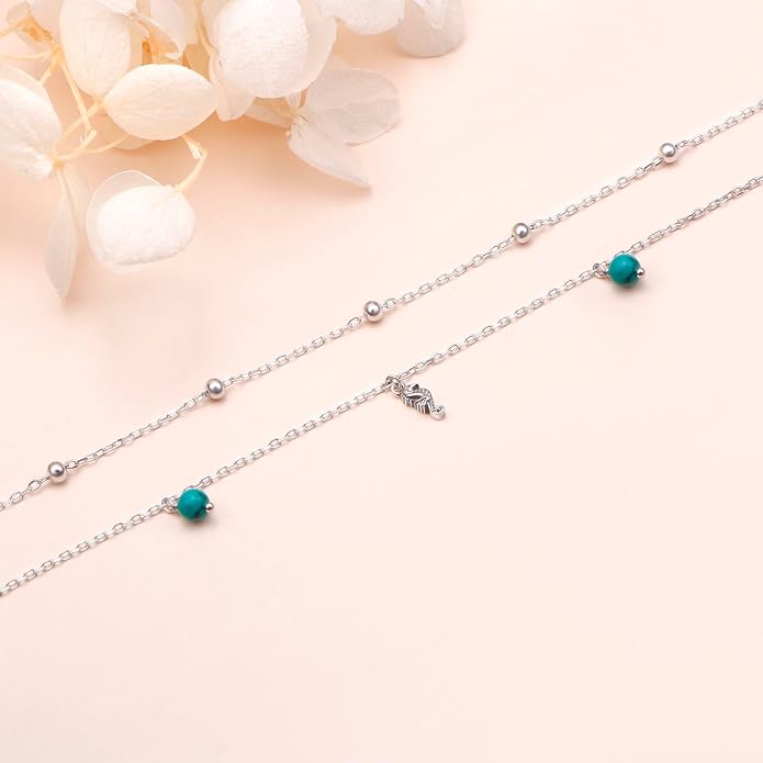 Ladytree S925 Sterling Silver Boho Beach Double Layer Anklets Bracelet for Women Adjustable 9 to 11 inches
