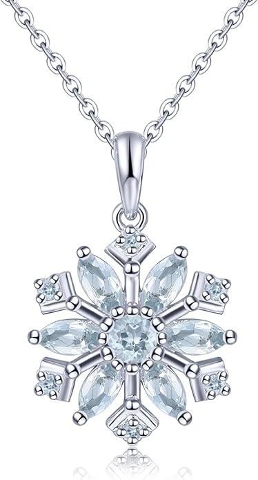 Snowflake Pendant Necklace for Women Girls Hypoallergenic S925 Sterling Silver Natural Aquamarine March Birthstone Charms Fine Jewelry for Christmas