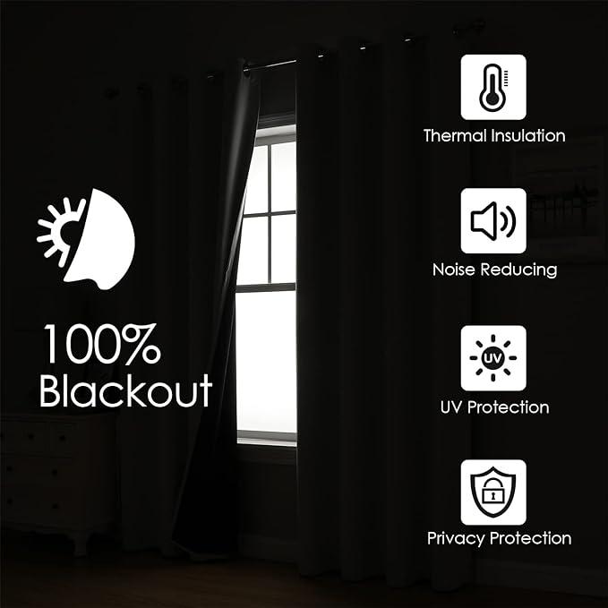 ChrisDowa 100% Blackout Curtains for Bedroom 2 Panels Set with Black Liner | 2 Thick Layers, Thermal Insulated, Light Blocking, Grommet, Window Treatment, Living Room Drapes, Beige, 52 x 45 Inch