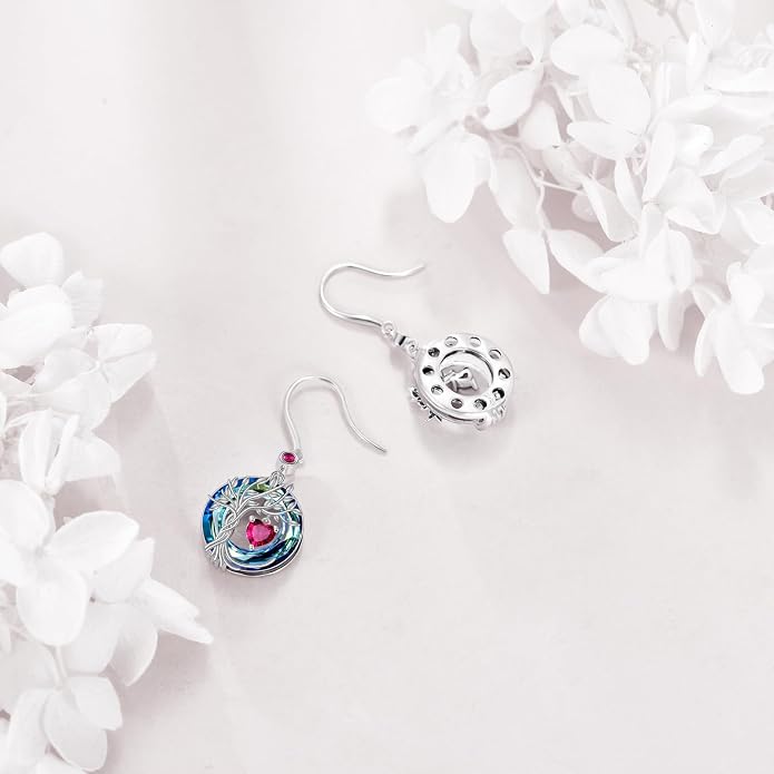 POPLYKE Tree of Life Birthstone Earrings 925 Sterling Silver Dainty Gemstone Birthstone Dangle Drop Earring with Crystal Fine Jewelry Birthday Gifts for Women Her