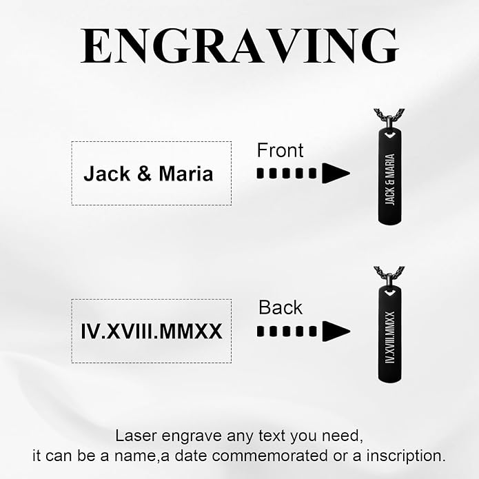 Fathers Day Personalized Vertical Bar Pendant Necklace - Custom Name Text Necklace Customized Stainless Steel Memorial Necklace Dad Gifts for Men