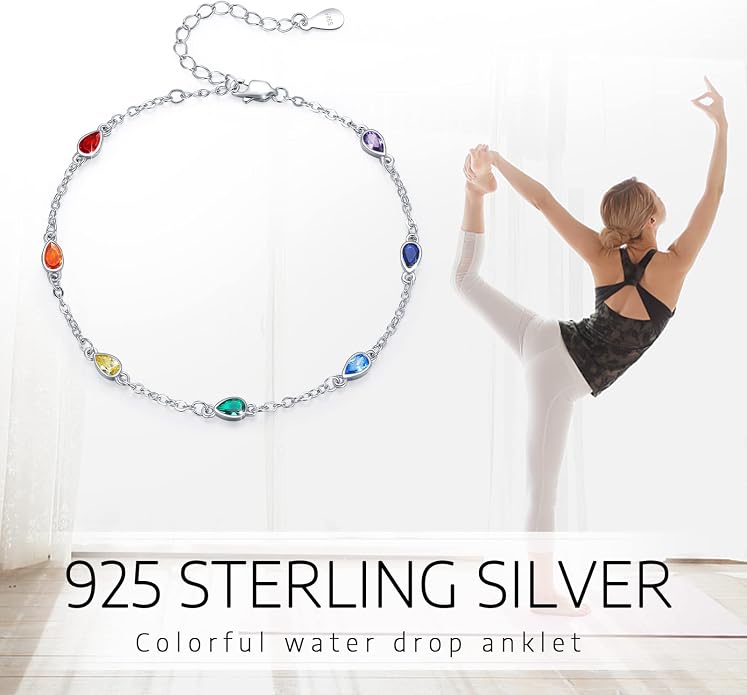 MEDWISE Sterling Silver Chakra Anklet 7 Chakra Beach Anklet Bracelet Link Chain Ankle Bracelet Gift for Women