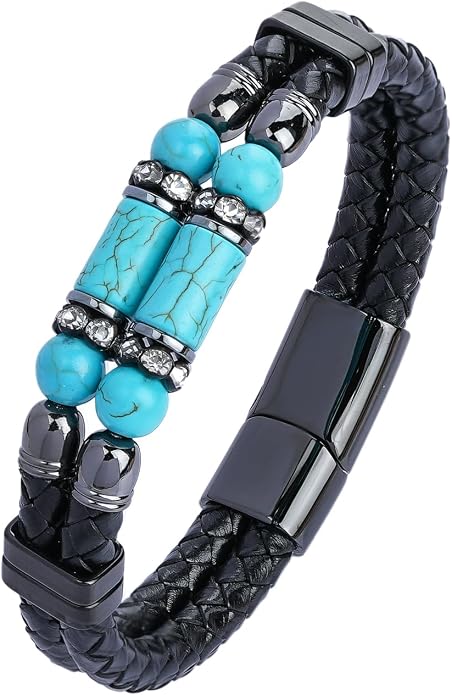 Mens Leather Turquoise/Tiger Eye/Obsidian/Lava Stone Bracelet–Braided Multi‑Layer Wristband Cuff Bangle Barcelet–Jewelry Box and Pouch Packing