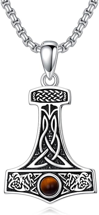 PROESS Viking Axe/Sword/Skull Necklace S925 Sterling Silver Thors Hammer Necklace Amulet Dagger Pendant Norse Viking Rune Jewelry Gifts for Men Women