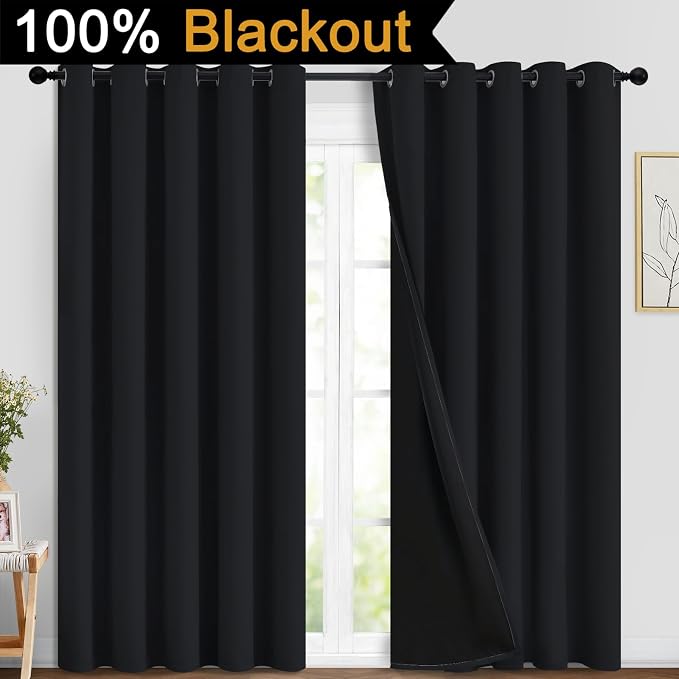 Yakamok Black 100% Blackout Curtains 84 Inches Long for Bedroom 70" Wide | Blackout Curtain Panels for Bedroom, 2 Thick Layers Grommet Top Thermal Insulated Drapes with Black Liner for Living Room