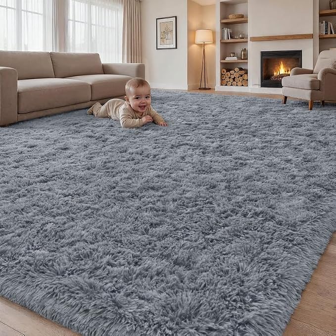 8x10 Area Rugs for Living Room Bedroom: Soft Fluffy Shag Rug Upgrade Non-Slip High Pile Carpet Large Fuzzy Plush Indoor Floor Shaggy Carpets for Nursery Kid Playroom Office Dorms Home Decor Light Gray