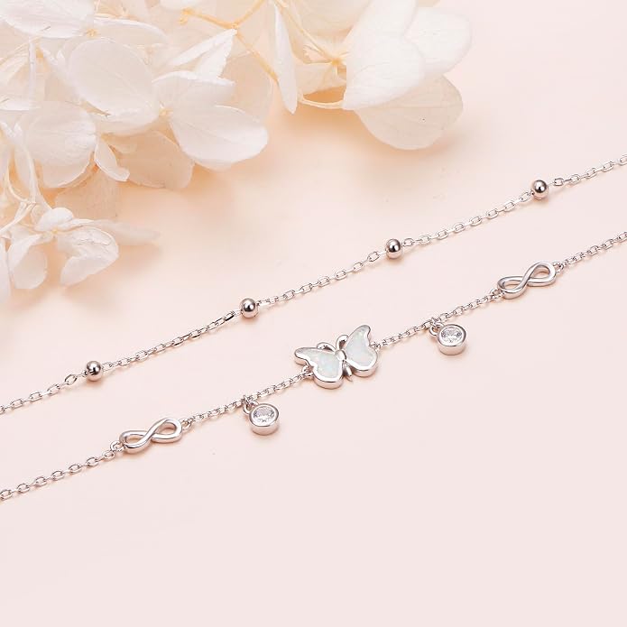 Anklets for Women 925 Sterling Silver Blue Evil Eye Infinity Butterfly Adjustable Multilayer Layered Summer Beach Ankle Bracelet Foot Chain Jewelry for Women