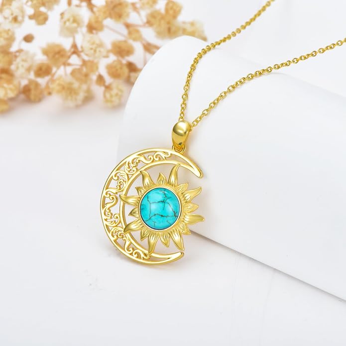 Crescent Moon Necklace for Women 18K Gold Plated Silver Moon and Sun Pendant with Gemstone Dainty Birthstone Jewelry Pendant Necklace for her